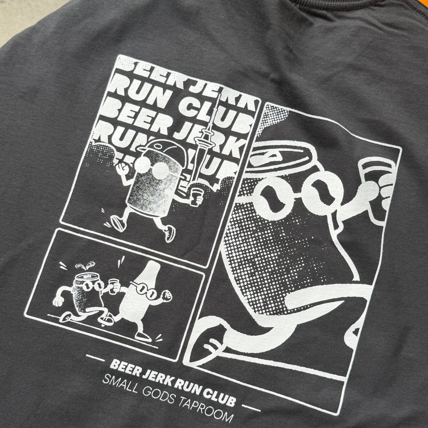 Beer Jerk Run Club half marathon tee with Tinny artwork.